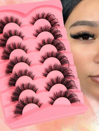 7 对 3D 猫眼优质仿貂皮假睫毛，卷曲俄罗斯浓密睫毛延长，超浓密，自粘且可重复使用，双长度 8-18 毫米，适合初学者派对化妆，完美贴合眼形