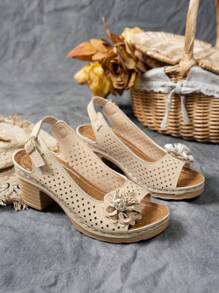 Women's Vintage High Heel Sandals With Flower Decor, Hollow-Out Breathable Upper, Adjustable Metal Buckle, Street Style, Khaki Color, Platform Peep-Toe Open Toe High Heels, Summer - Khaki - View 5
