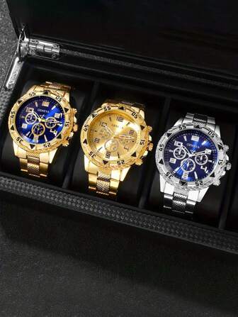 Premium Men's 3-Eye Stainless Steel Strap Watch With Blue Dial, Round Dial