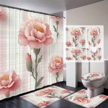 Juego de 1/4 cortinas de ducha para el Día de la Madre, con flores brillantes, para el Día del Presidente, lluvia de primavera, impermeables, estampados con estilo y funcionales, para decoración del hogar, para cada baño, ducha y bañera, con 12 ganchos y tapete de baño lavable a máquina, multiestilo