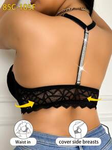 Plus Size Women's Lace Panel Front Closure Soft Lingerie - Black - View 2