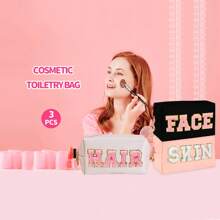 女士学院风化妆包 旅行盥洗包 雪尼尔字母化妆包 PU 皮革防水袋 可爱拉链收纳袋 皮肤、头发和面部 - 彩色 - 查看 4