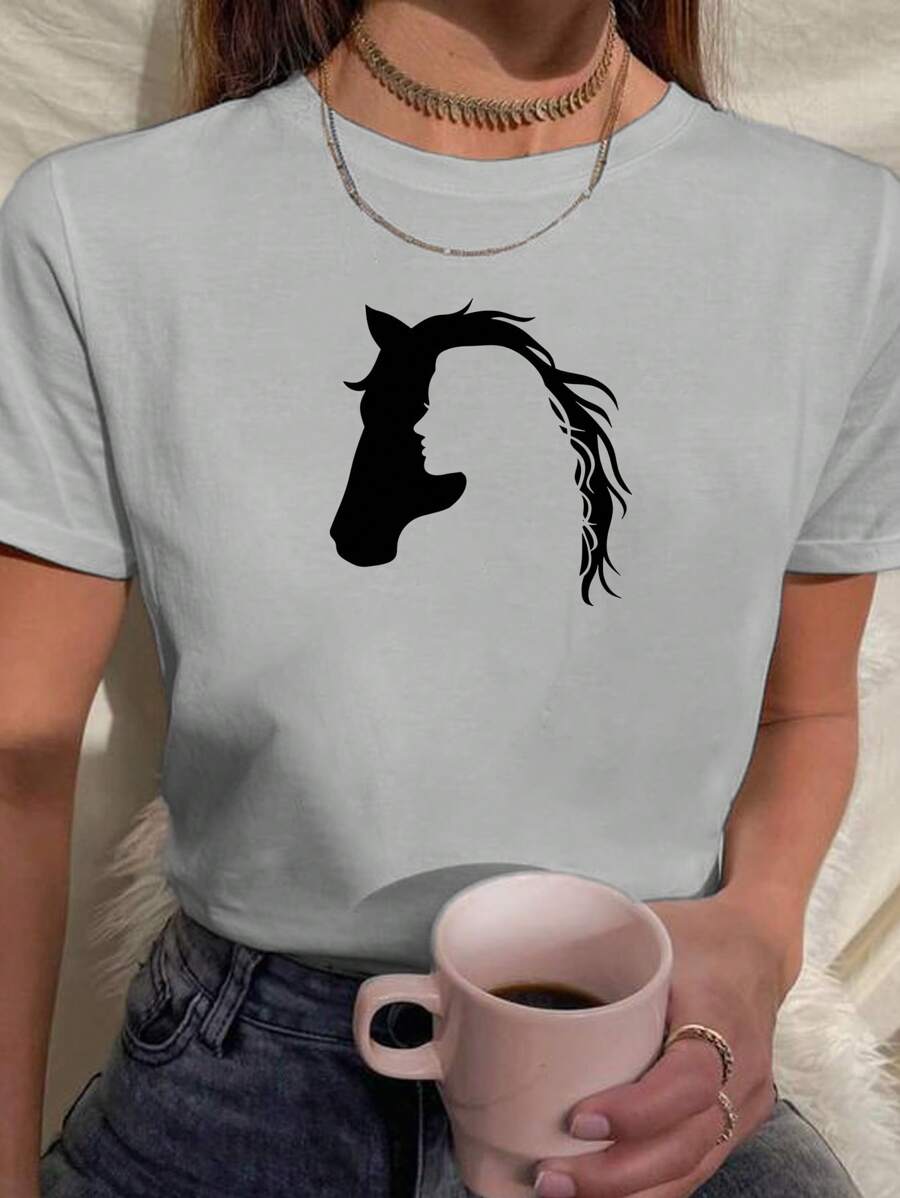 Women's Babylook T-Shirt Horse And Woman Hollow Silhouette Love Animals Horse 100% Cotton Various Colors - 灰色 - 查看 1