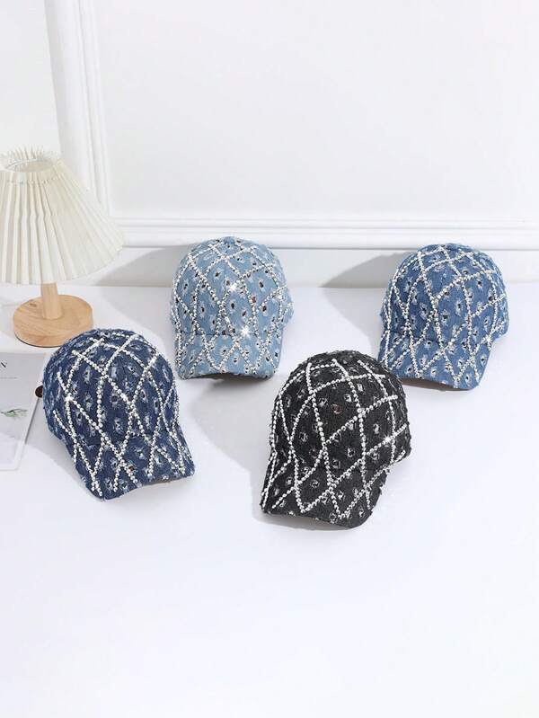1pc,Cowboy Ripped Hole Washed Leopard Print Dot Diamond Sun Dried Breathable Sparkling Diamond Cap