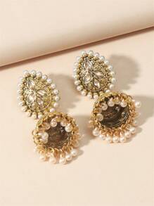 1 Pair Vintage Waterdrop Shaped Pearl & Rhinestone Tassel Alloy Bell Earrings For Women
