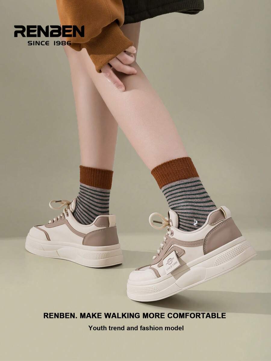 RENBEN 1 双女式 2025 年春季新款流行厚底拼接休闲帆布运动鞋 - 黑色 - 查看 1