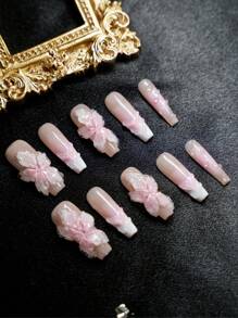 10Pcs Short Handmade Press On Nails For Party And Daily Wear, Flowers Designer Press-On Nails For Girls, Easy To Wear10Pcs Y2K Handmade Press On Nails, Shiny Artificial Gems, Spring And Summer Style, Suitable For Girls And Women Festivals Parties And Daily Wear(Note:The Color Of The Accessories Is Random) Nail Supplies Nails - Baby Pink - View 2