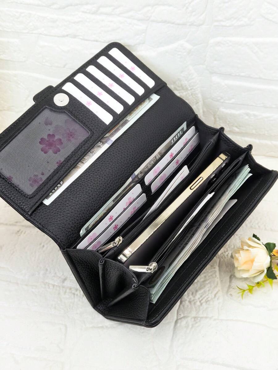 MINGYOU New Women's Multi-Function Large Capacity Wallet, Fashion Classic Buckle Flip Cover Minimalist Multi-Card Slot Phone Wallet, Women's Wallet, Handbag, Long Wallet - Black - View 1