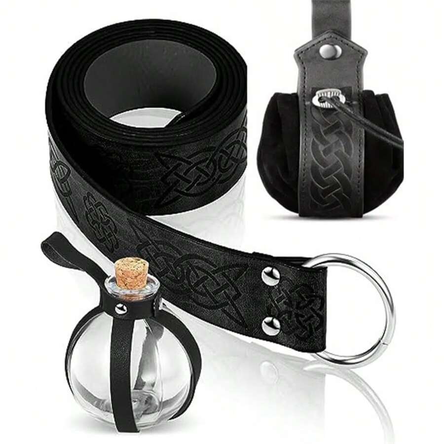 3pcs Viking Leather Waist Belt Pouch Set, Medieval Style Bottle Costume Accessories Viking Belt Kit, With Bottle For Viking Warrior Cosplay Halloween Costume Props Prom - Brown - View 1