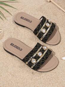 A Pair Of Children's Slippers Summer New Style, Rhinestone Decoration, Children Wear Slippers, Summer Little Girls Soft Sole Fashion Sandals, Casual Girls Princess Shoes, Non-Slip Beach Shoes, Suitable For Indoor And Outdoor, Baby - Black - View 7