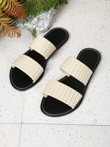 Plus Size Women Flat Slippers, Simple & Elegant Soft Bottom Comfortable Elastic Straps With Metallic Thread Detail - Khaki - View 4