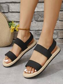 Sandali piatti comodi da donna con design a fascia elastica, versatili e adatti per la spiaggia - nero - Visualizzare 5