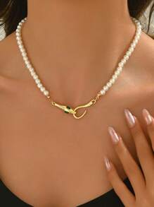 1pc Elegant Minimalist Beaded Metal Snake Head Necklace - Snake - View 11