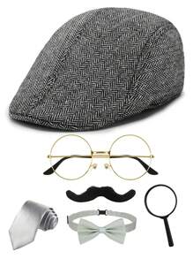 D EXCEE 6 件 1920 年代侦探服装配饰套装，适用于女士和男士软呢帽假胡须道具眼镜蝴蝶结道具领带了不起的盖茨比派对万圣节角色扮演装饰礼物舞会 - 多色 - 查看 6