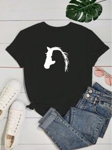 Women's Babylook T-Shirt Horse And Woman Hollow Silhouette Love Animals Horse 100% Cotton Various Colors - 黑色 - 查看 2