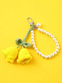 1 件创意手工钩针花朵设计背包/书包饰品、珍珠手链钥匙扣、女士小礼物