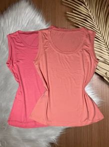 Kit With 2 Women's Tank Tops In Plain Vicolycra Mesh, Closed, Thick Straps On - Shades Of Rosé - View 1