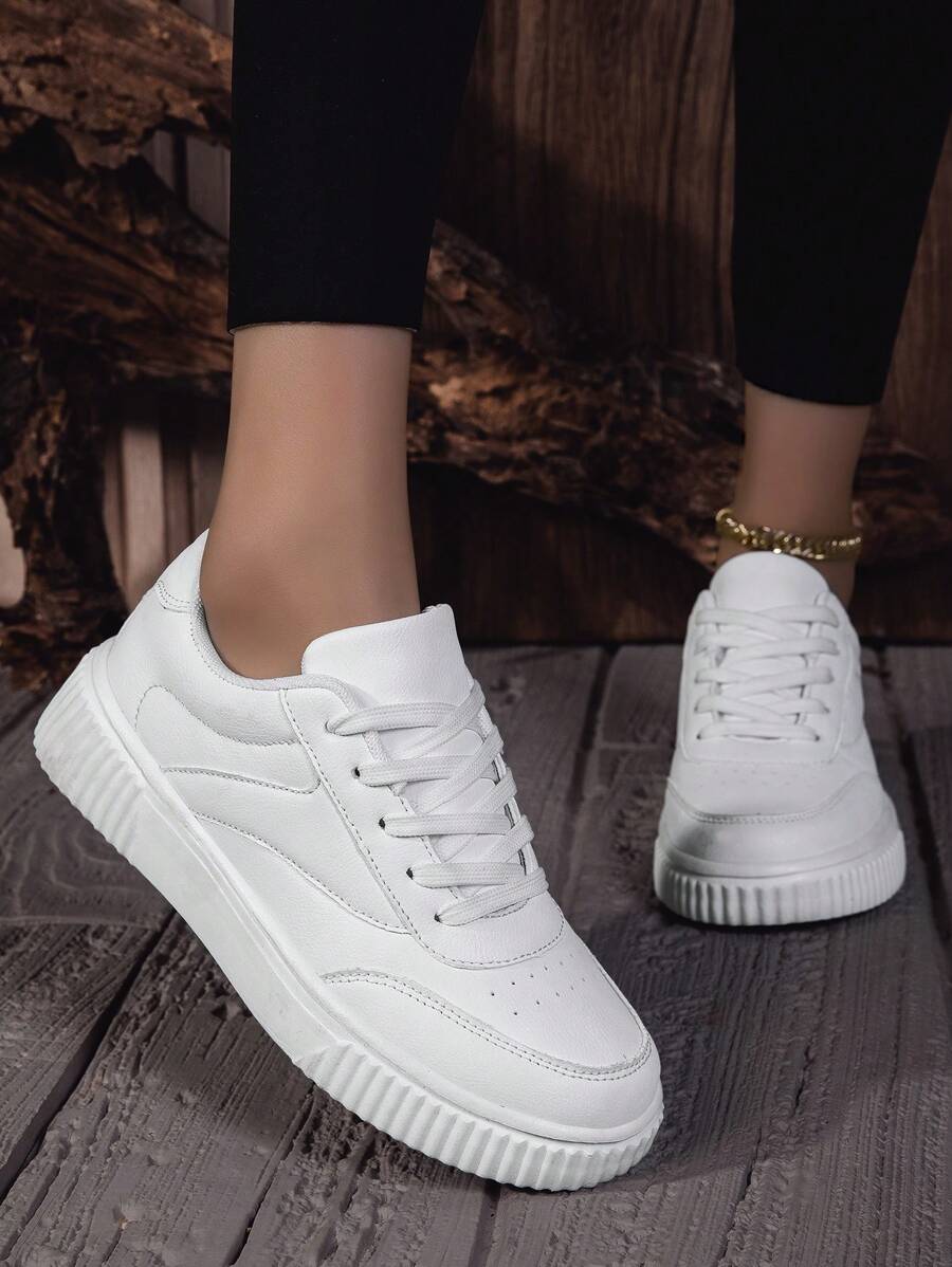 女士白色休闲运动鞋，时尚系带防滑软底滑板鞋，多功能低帮运动训练鞋 - 白色 - 查看 1