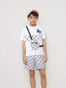 青少年男孩夏季休闲字母印花衬衫和短裤套装（带小袋） - 白色 - 查看 1