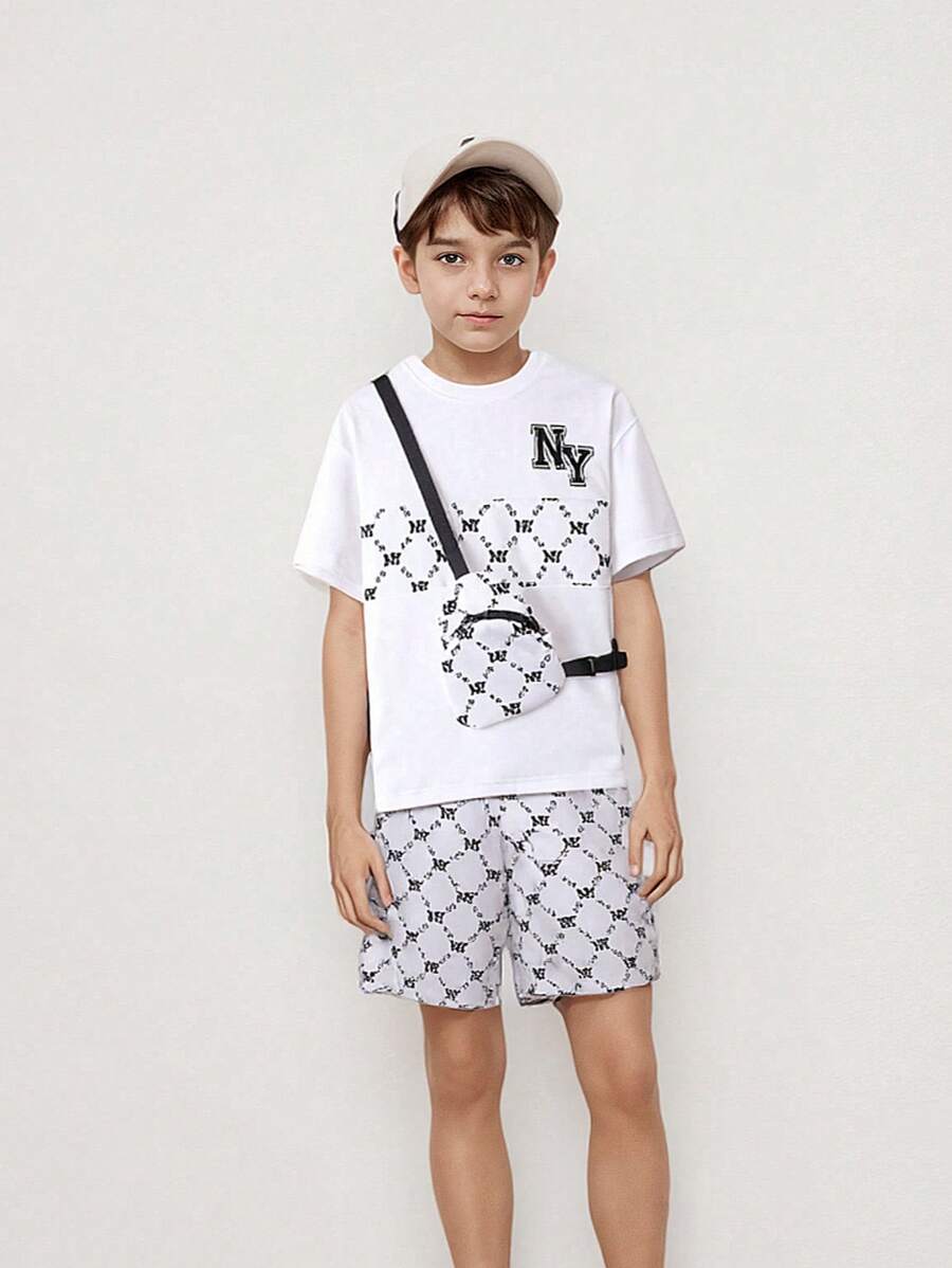 青少年男孩夏季休闲字母印花衬衫和短裤套装（带小袋） - 白色 - 查看 1