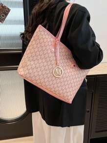 Fashion Solid Color Large Capacity M Letter Print Tote Bag, Metal Decoration, Shoulder Bag, Suitable For Women Shopping, Commuting, Daily Use, Students Back To School - Pink - View 4