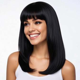 Black Wig With Bangs Shoulder Length Straight Wigs For Women Medium Length Wig,Synthetic Layered Wig Natural Looking Wigs For Daily Party Use