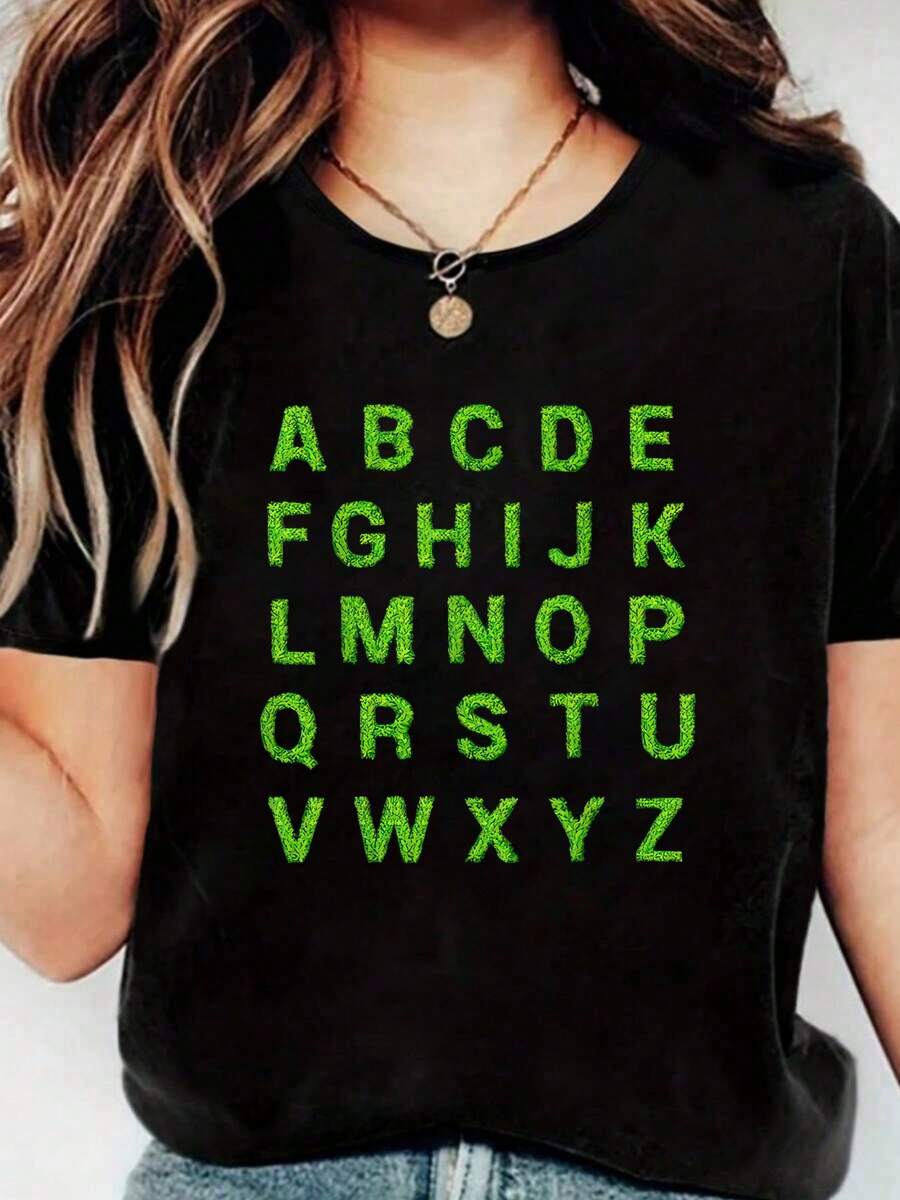 Funny Alphabet ABCs Grass Leaf Learning Kindergarten Teacher, Short Sleeve Crew Neck Shirt,Cotton Top For Women
