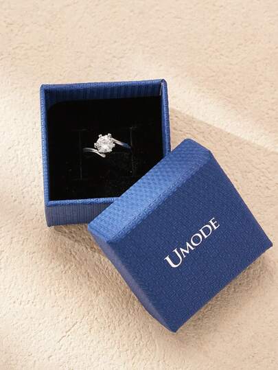 1 件仿水钻单石旁路订婚戒指，带戒指盒，单颗 CZ（方晶锆石）女士结婚周年纪念戒指，精致白金镀铂金可调节戒指，带珠宝戒指礼盒，浪漫闪亮戒指