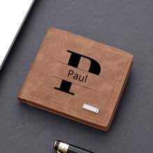 1 pieza Billetera personalizada para hombre, con nombre y inicial grabados por láser, portador de tarjeta de estudiante, billetera plegable vintage, regalo para esposo, padre, aniversario