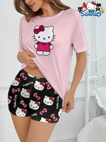 Sanrio 2 pezzi Pigiama da donna Hello Kitty di Sanrio, con stampa a fiocco e lettera, top a maniche corte e pantaloncini corti