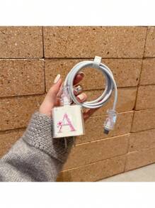 1 Peça Conjunto (1 Peça Bolsa Organizadora de Cabo de Dados + 1 Peça Estojo Protetor de Carregador + 2 Protetores de Porta de Cabo + 1 Peça Abraçadeira de Cabo) Design de Flor e Alfabeto Impresso UV, Compatível com Carregador Rápido Apple