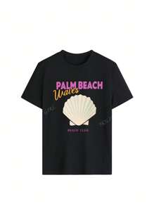 Ladies' Summer Leisure Vacation Style Letter Shell Print Pattern Round Neck Short Sleeved T-Shirt Fashionable And Versatile Women's Top Graphic Tees Women White Top Pink Top