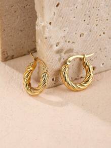 A Pair Of Stylish Round Twisted Wire Stainless Steel Ear Loops Are Suitable For Women's Daily Wear - Yellow Gold - View 3