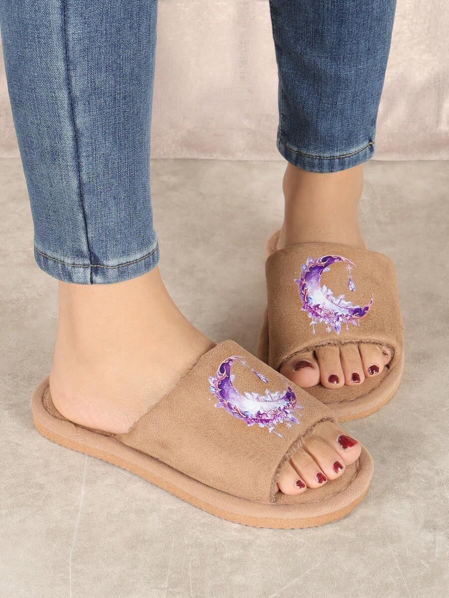 女士露趾拖鞋，室内卧室拖鞋，带记忆泡沫和柔软毛皮，可爱卡通印花系带拖鞋，适合春季、夏季、秋季、冬季 - 鑽石月亮 - 查看 1