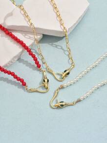 1pc Elegant Minimalist Beaded Metal Snake Head Necklace - Snake - View 6