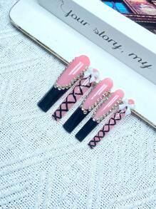 10pcs Y2K French Press On Nails Full Coverage Fake Nail Handmade Press On Nails With 3D Shiny Rhinestones And Bowknot Decor , Perfect For Weddings, Parties, Valentine's Day, Birthdays, Christmas Gifts,Supremely Fit Reusable Nail Art,1pc Jelly Gel/1pc Mini Rubbing Strips ,Detachable Press On Nails Set,