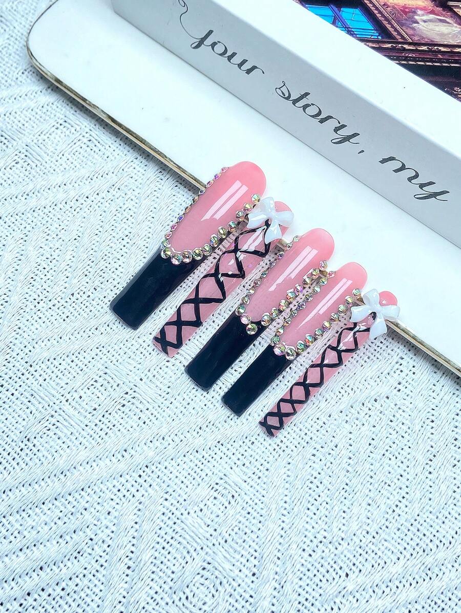 10pcs Y2K French Press On Nails Full Coverage Fake Nail Handmade Press On Nails With 3D Shiny Rhinestones And Bowknot Decor , Perfect For Weddings, Parties, Valentine's Day, Birthdays, Christmas Gifts,Supremely Fit Reusable Nail Art,1pc Jelly Gel/1pc Mini Rubbing Strips ,Detachable Press On Nails Set,