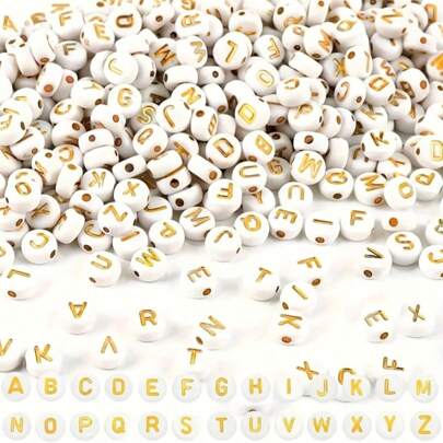 150/300/600pcs Acrylic Beads With Golden Letter Pattern On White Background, 4x7mm, Suitable For DIY Jewelry Making, Necklace And Bracelet Craft Projects