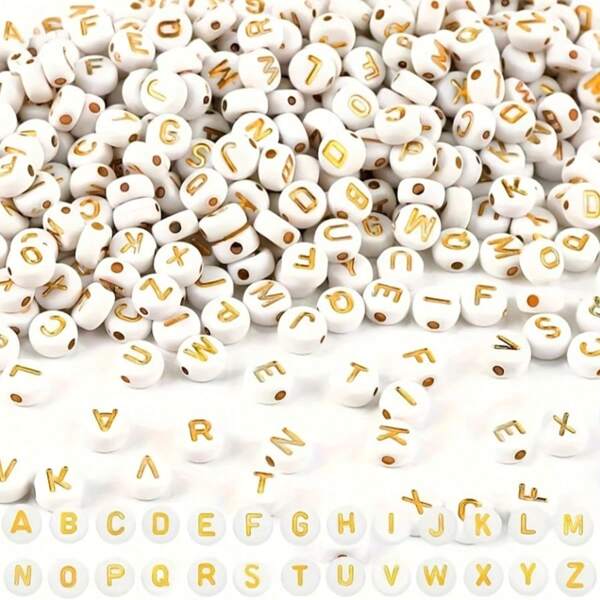 150/300/600 piezas Cuentas acrílicas con patrón de letra dorada sobre fondo blanco, de 4x7mm, apropiadas para hacer joyas DIY, proyectos de artesanía de collares y pulseras