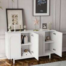 Stylish And Functional 4-Door Intaglio Storage Cabinet With Pine Legs, Solid Wood Pulls And MDF, For Living Room Bedroom,And Kitchen,White   WL