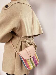 1pc Pink Diagonal Sling Bag, Bohemian Style Multicolor Rainbow Woven Crafted Phone Pouch, Mini Shoulder Bag Coin Purse, Suitable For Women/Girls, Spring/Summer, Casual, Student, Outdoor, Beach, Gift