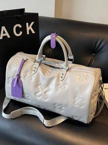 1pc Fashionable & Versatile Large Capacity Solid Color PU Leather Embossed Thick Padded Travel Bag, With Contrast Color Luggage Tag Pendant Design, Suitable For Men And Women, Ideal For Leisure Travel, Business Trip And Back To School, Can Hold School Supplies And Accessories - Multicolor - View 10
