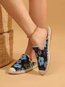 2025 MOSOCT 新品封闭式鞋头黄麻凉鞋，女士时尚圆头亮片花卉印花凉鞋，防滑户外沙滩旅行绳编平底鞋 - 藍色 - 查看 3