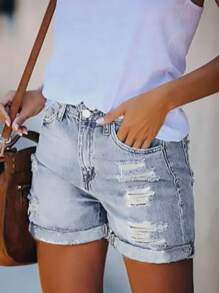 Women's Plus Size Pocket Ripped Loose Casual Denim Shorts - Light Wash - View 4