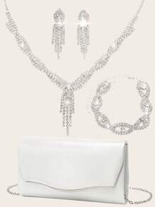 Women's Rhinestone Jewelry Rhinestone Jewelry Set Sparkling Necklace Earrings Bracelet Set Sparkling Wallet Handbag Envelope Women's Ball Sparkling Handbag Silver Colorful Flip Cover Bag Wedding Party Handbag Cocktail Party Wedding New Wallet Banquet Bag Evening Dress Women's Bridal Evening Dress Ball