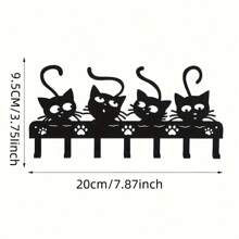 1 Stück Whimsycat schwarzer Eisen Wandhalter für Schlüssel mit 4 Katzen-Haken, Dekor im Art Déco-Stil mit Tiermotiv, ohne Strom, federlos, vielseitig einsetzbar für Wohnzimmer, Schlafzimmer, Büro
