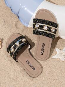 A Pair Of Children's Slippers Summer New Style, Rhinestone Decoration, Children Wear Slippers, Summer Little Girls Soft Sole Fashion Sandals, Casual Girls Princess Shoes, Non-Slip Beach Shoes, Suitable For Indoor And Outdoor, Baby - Black - View 1