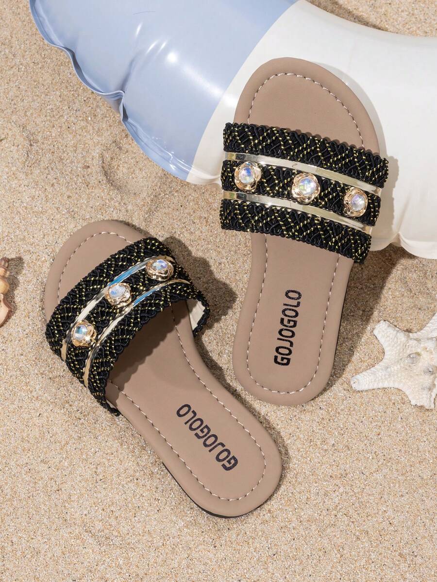 A Pair Of Children's Slippers Summer New Style, Rhinestone Decoration, Children Wear Slippers, Summer Little Girls Soft Sole Fashion Sandals, Casual Girls Princess Shoes, Non-Slip Beach Shoes, Suitable For Indoor And Outdoor, Baby - Black - View 1