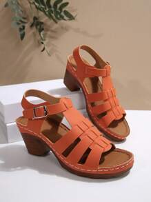 Comercio transfronterizo Tallas grandes 36-43 Sandalias de tacón alto grueso de moda color negro, sandalias blancas de uso diario con puntera abierta, sandalias para mujer de suela gruesa naranja, nuevos llegados de verano