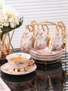 1 Set Of 6 Cups, 6 Plates, 6 Spoons (With Magpie Bird Spoons, Gold Cup Holder) & 1 Cup, 1 Plate, 1 Spoon Ceramic Tea Set, Trimmed With Gold Edges, Featured With Elegant Auspicious Bird Design, Suitable For Coffee, Dessert Plates, Vintage Afternoon Tea, Creative Minimalist Afternoon Tea Cup